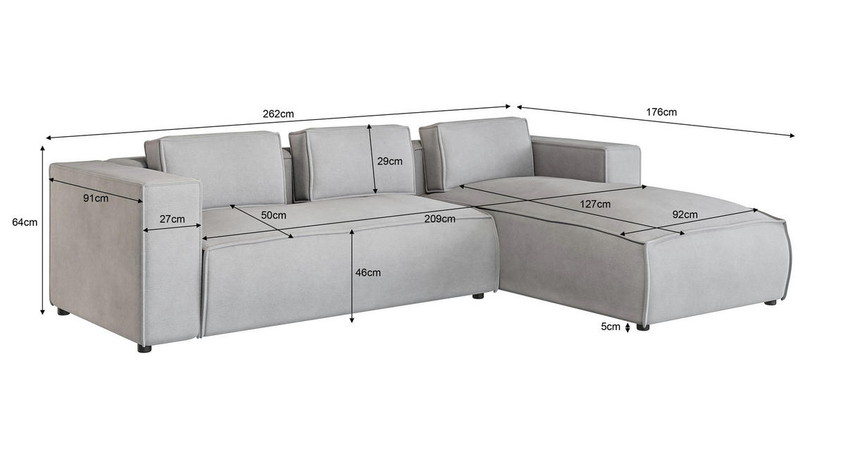 ECKSOFA Zenith Grau Luxusmicrofaser, Ottomane rechts - Schwarz/Grau, Holz/Kunststoff (262/176cm) - S-Style Möbel