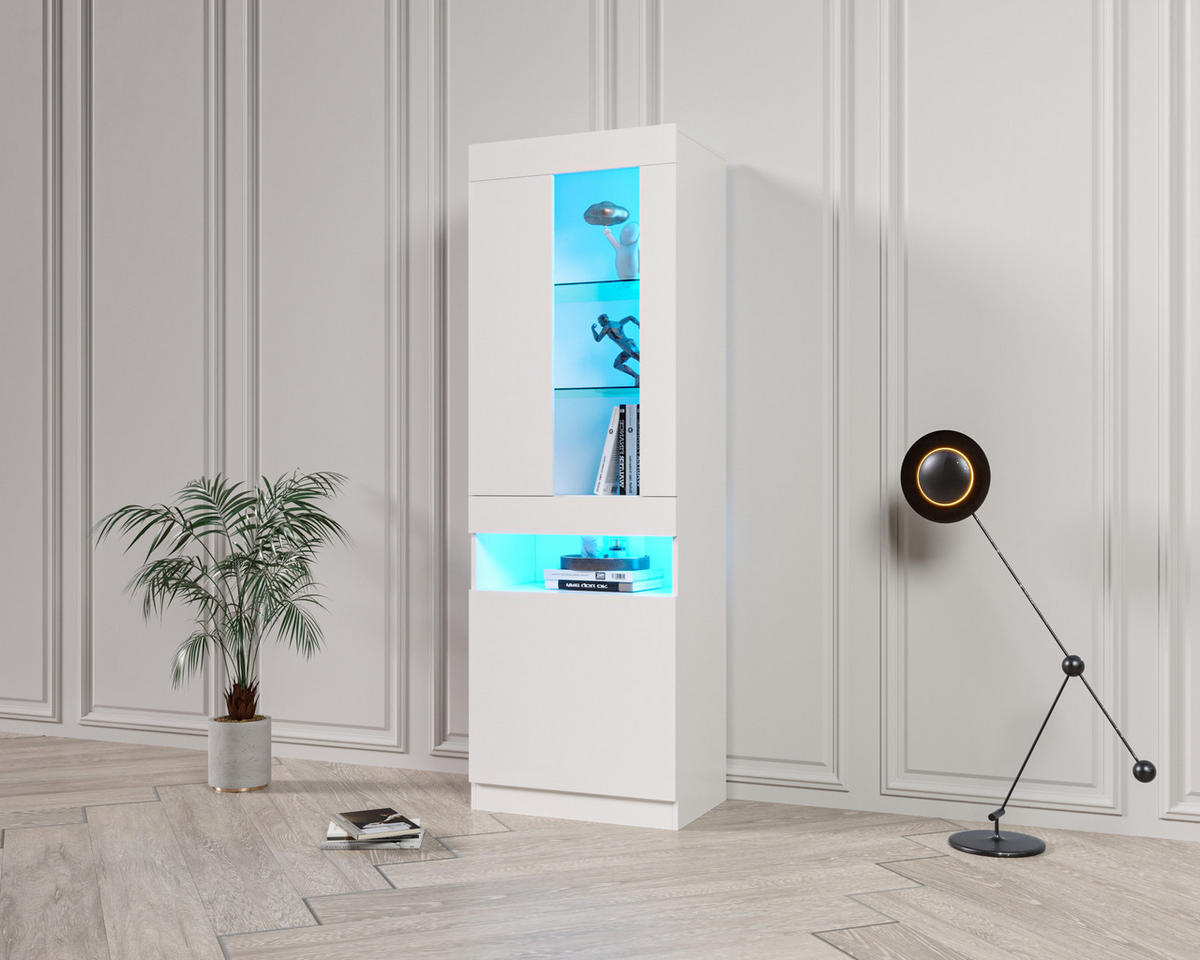 VITRINE, Weiß Hochglanzfront mit 16-Farben USB-LED, 2 Glasböden, 50/40/180 cm, Weiß - Weiß, Holzwerkstoff (40/180/50cm) - Modfu