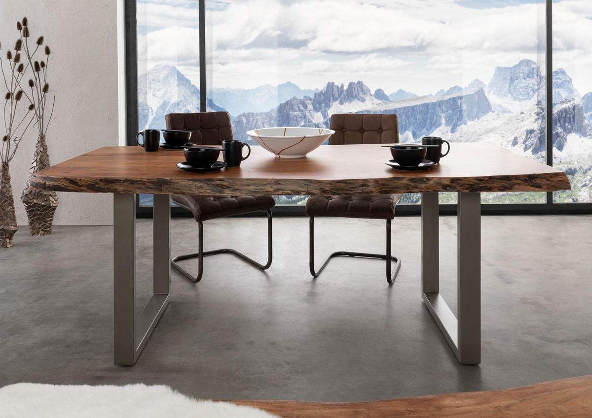 BAUMTISCH Akazie 160x90x77 natur lackiert / U-Beine silber matt FREEFORM 5 - Naturfarben, Holz (160/90/77cm) - Massivmoebel24