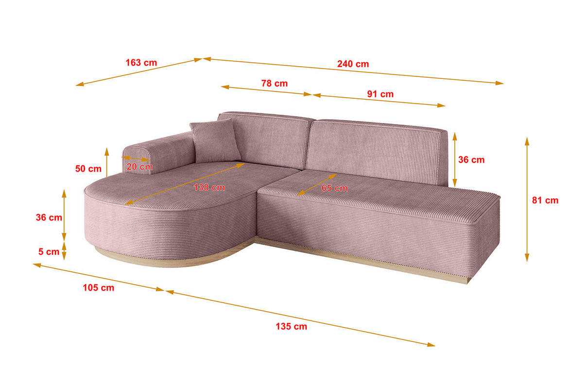 ECKSOFA Ottomane Links ARRIO-L1 - 243x171x83 cm Rosa - Rosa, Holzwerkstoff/Textil (243/171cm) - ALTDECOR
