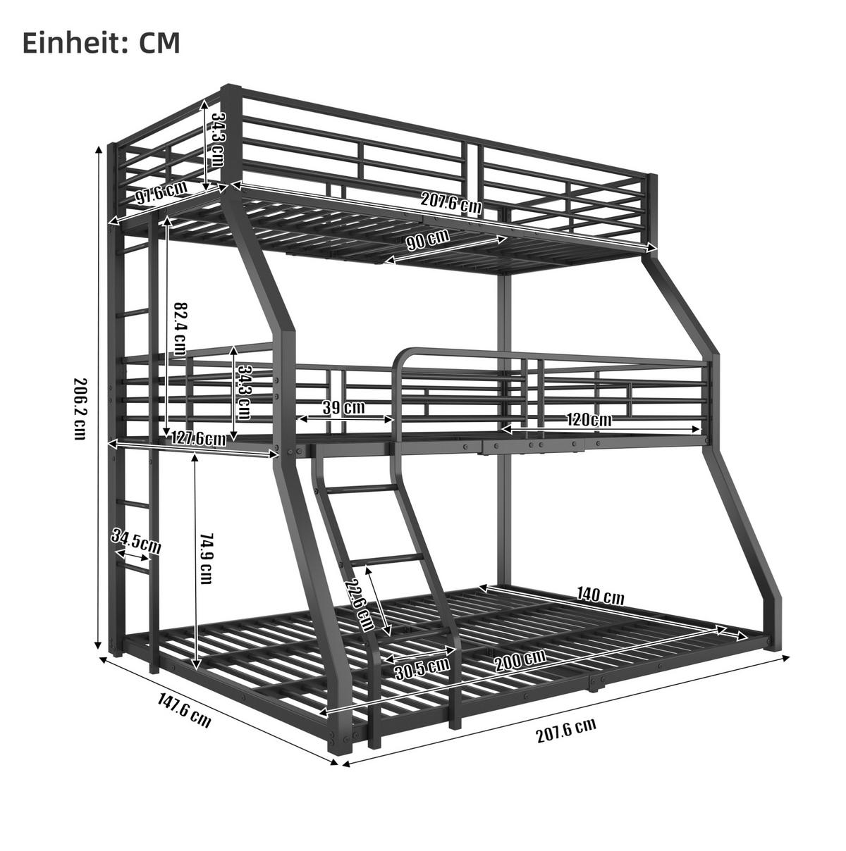 ETAGENBETT aus Metall 90x200 cm Schwarz mit 2 Leitern und Sicherheitsgeländer, platzsparendes Dreifachbett - Schwarz, Metall (90/200cm) - Modfu