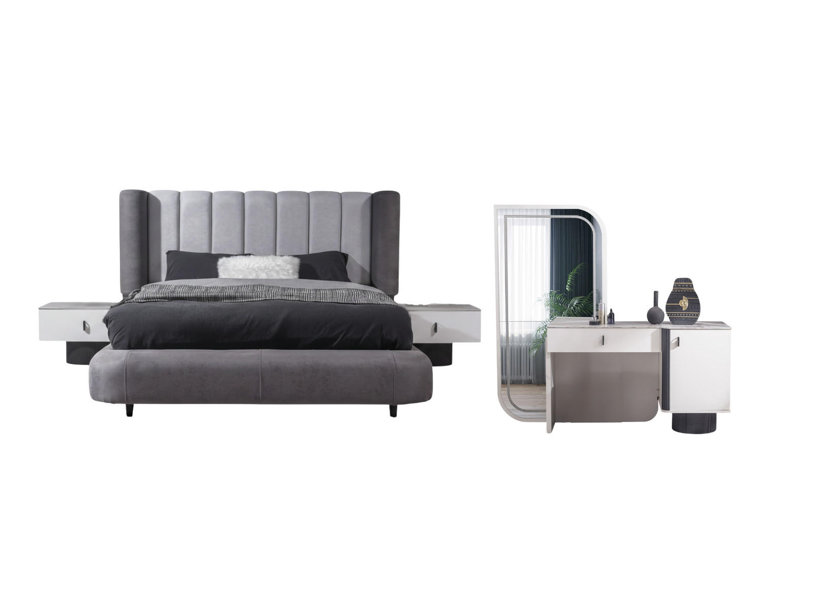 BETTANLAGE BARCELONA Schlafzimmer-Set, 4-teilig, Anthrazit, Bett mit Kopfteil, 2 Nachttische und Kommode - Anthrazit, Leder/Holzwerkstoff (160/200cm) - Villa Möbel