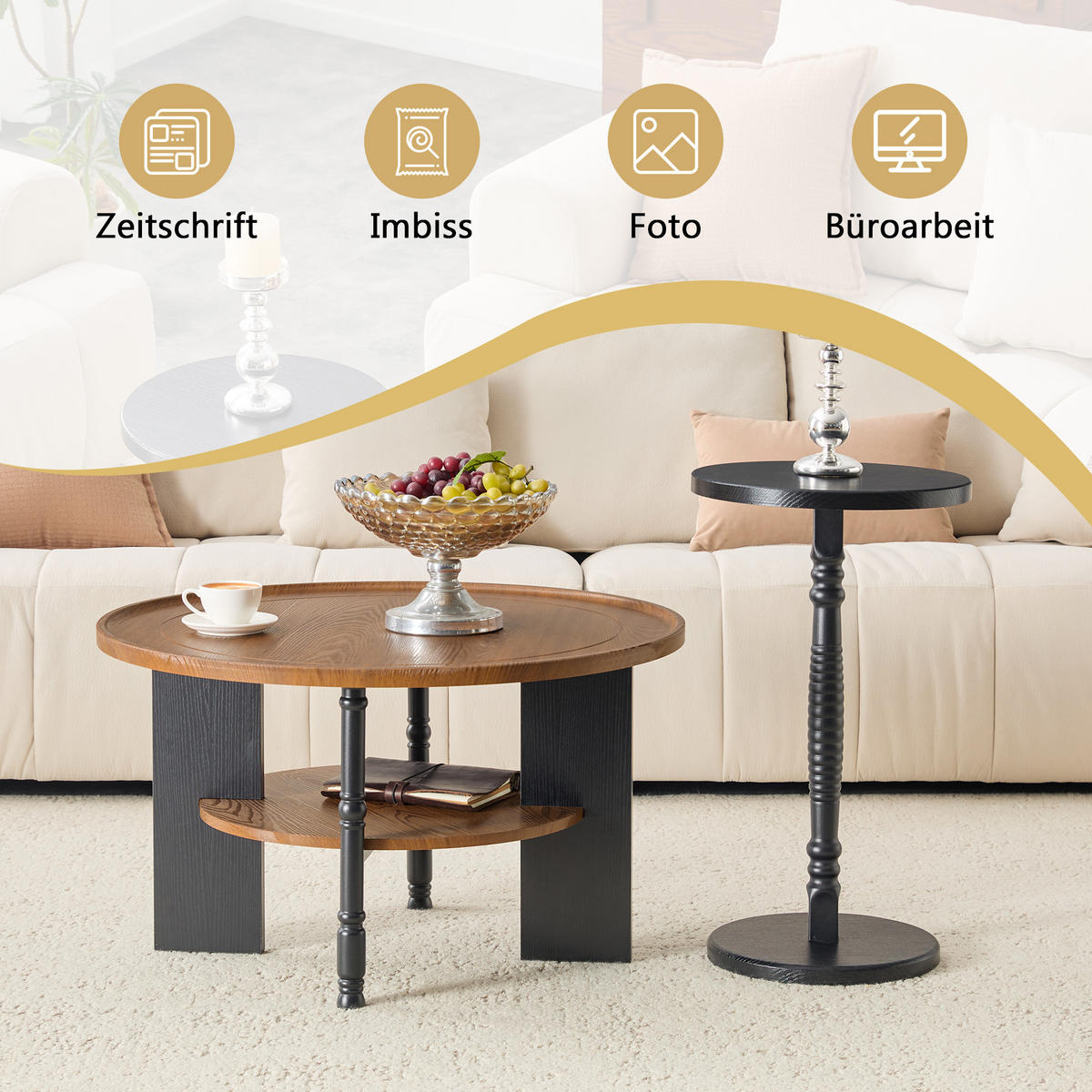 COUCHTISCH-SET Walnuss/Schwarz 2er-Set - Walnussfarben, Holzwerkstoff (80/80/47cm) - PANGIVO