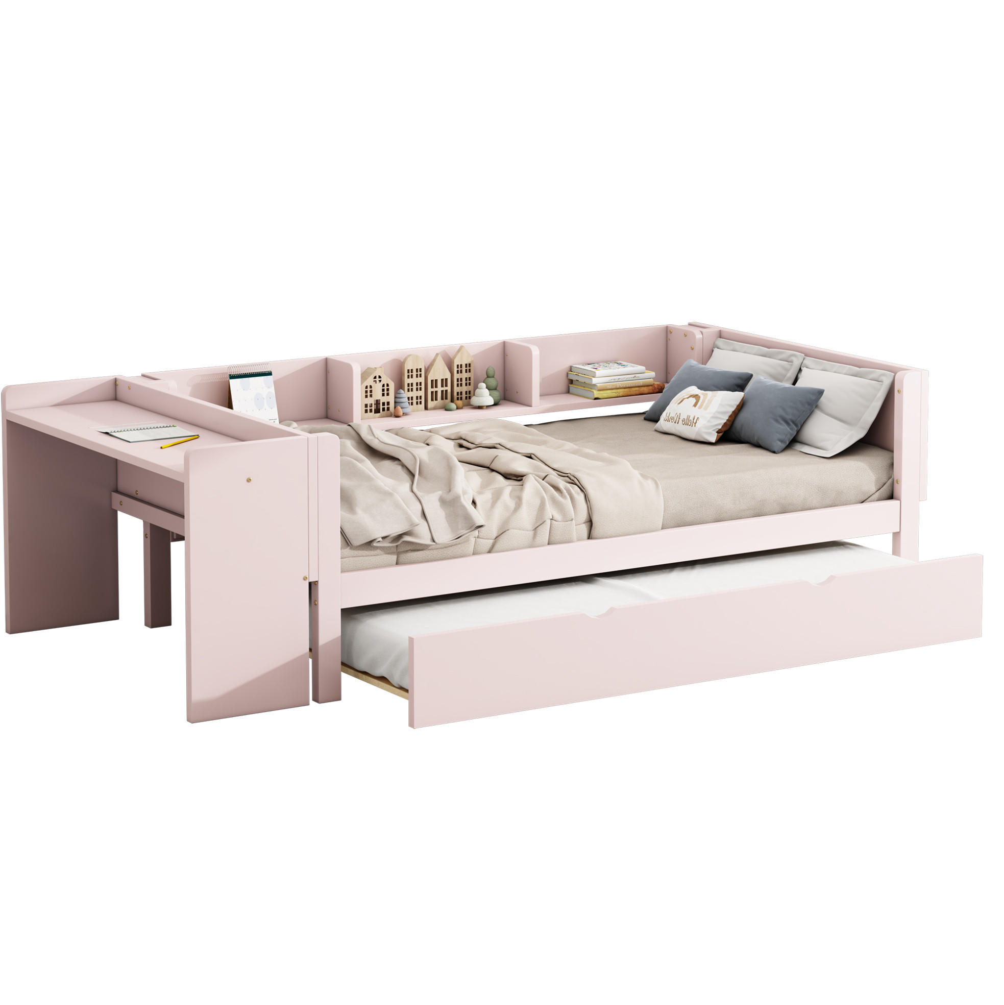 KINDERBETT 90/200 cm aus Kiefer und MDF mit Ausziehbett, Schreibtisch und 3 Regalen Rosa - Rosa, Holz (90/200cm) - Modenvie