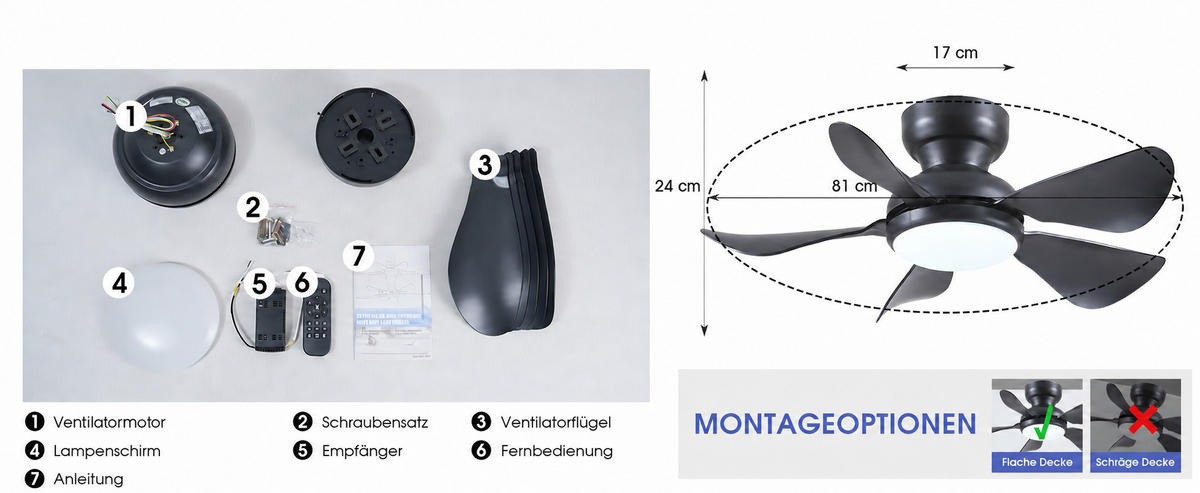 DECKENVENTILATOR Schwarz 81 cm mit LED und leisem DC-Motor - Schwarz, Kunststoff (81/81/24cm) - Surtime
