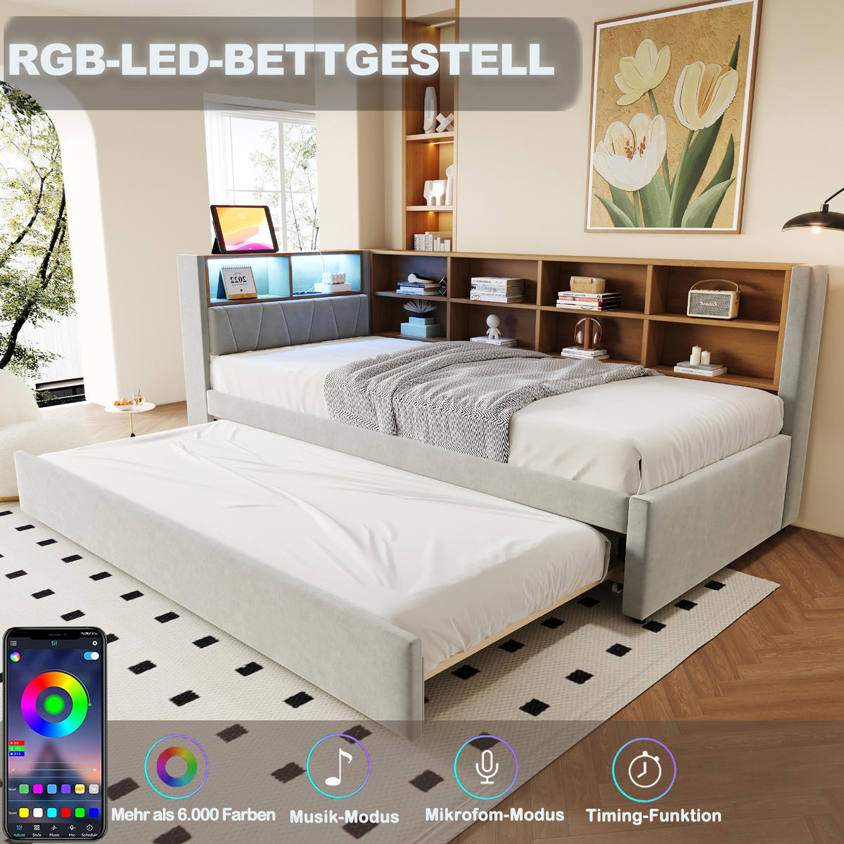 BETT 90/200 cm Hellgrau aus Flanell mit Bett, LED und Stauraum - Hellgrau, Textil (90/200cm) - OKMYHOME
