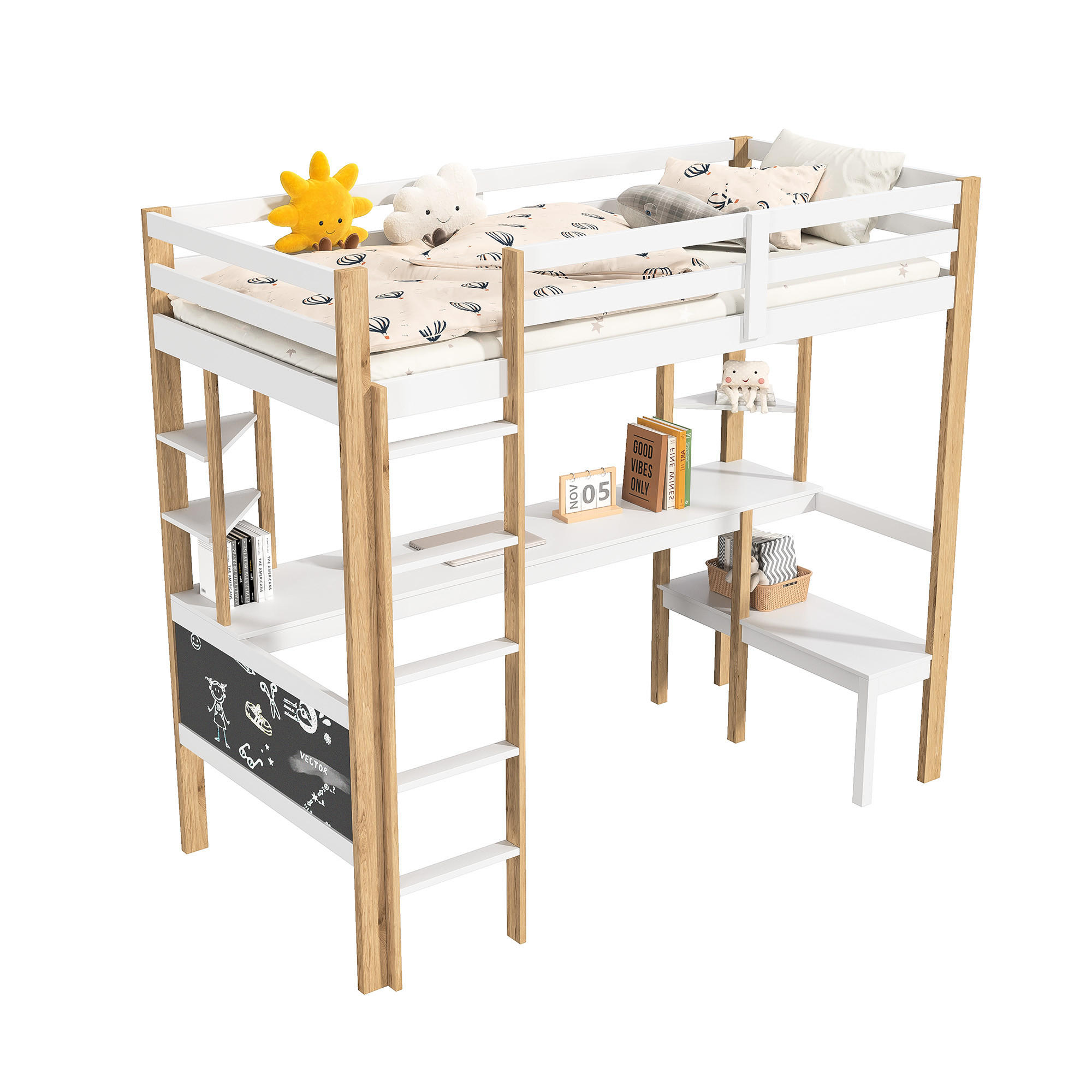 POTKROVNI krevet 90x200 cm s radnim stolom, policom, ljestvama i sigurnosnom ogradom, bijela/prirodna - bijela, drvo