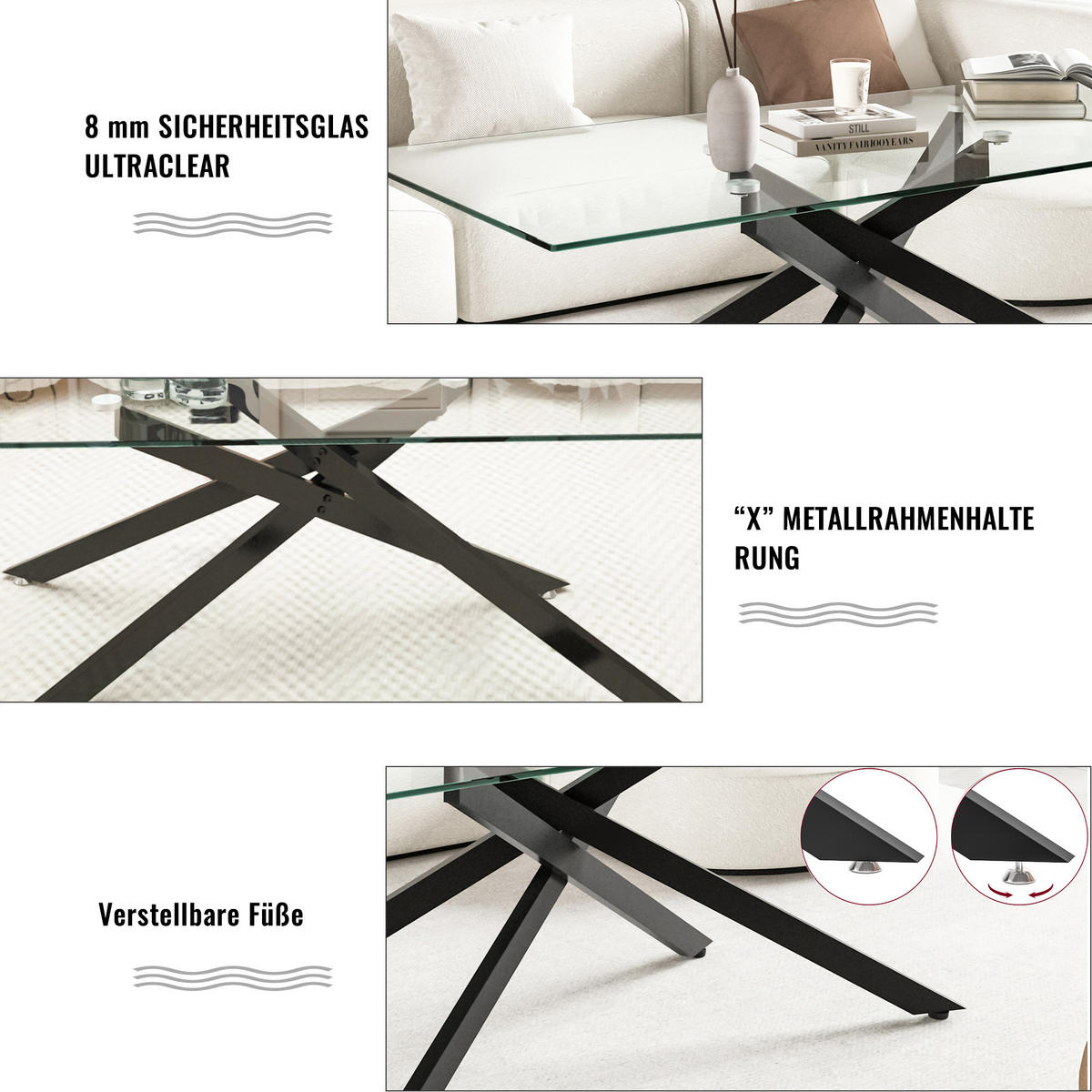 COUCHTISCH aus Glas und Metall in Schwarz mit geformte Metallbeine - Schwarz, Glas (120/60/46cm) - Modfu