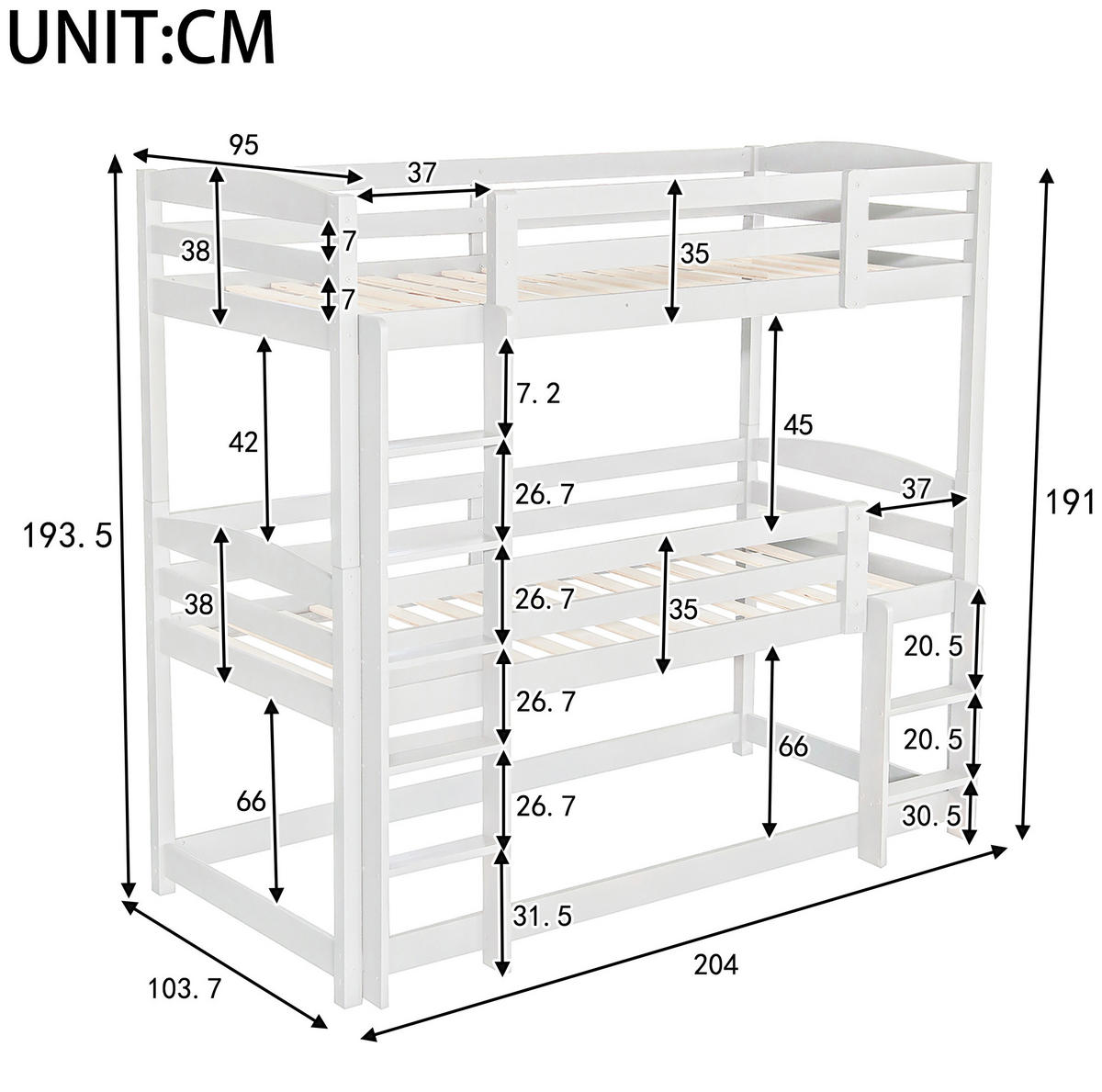 PATROVÁ postel z borovice a MDF 90x200 cm bílá, trojitá a rozložitelná - bílá, kompozitní dřevo (90/200cm) - Modfu
