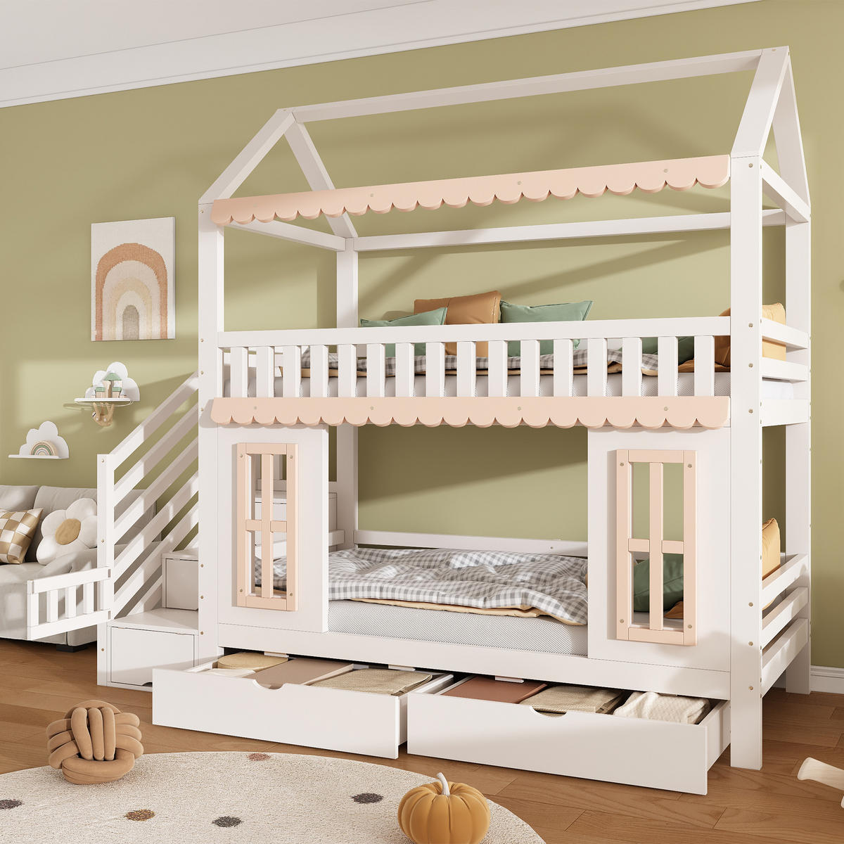 ETAGENBETT 90/200 cm Weiß + Natur - Naturfarben/Weiß, Holz