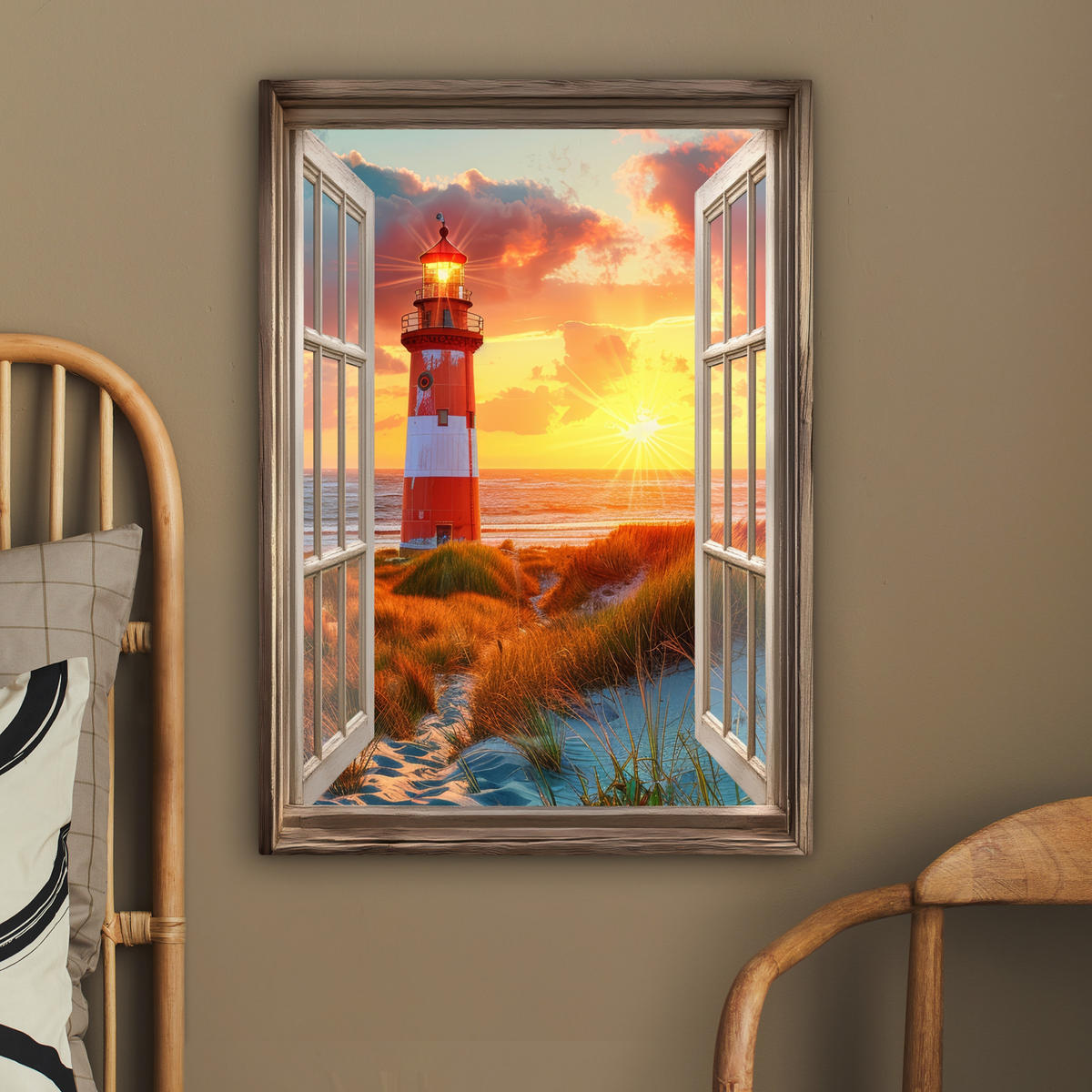 LEINWANDBILD Aussicht - Fenster - Leuchtturm - Sonnenuntergang - Strand 60x80 cm - Dunkelorange, Textil (60/80cm) - MuchoWow