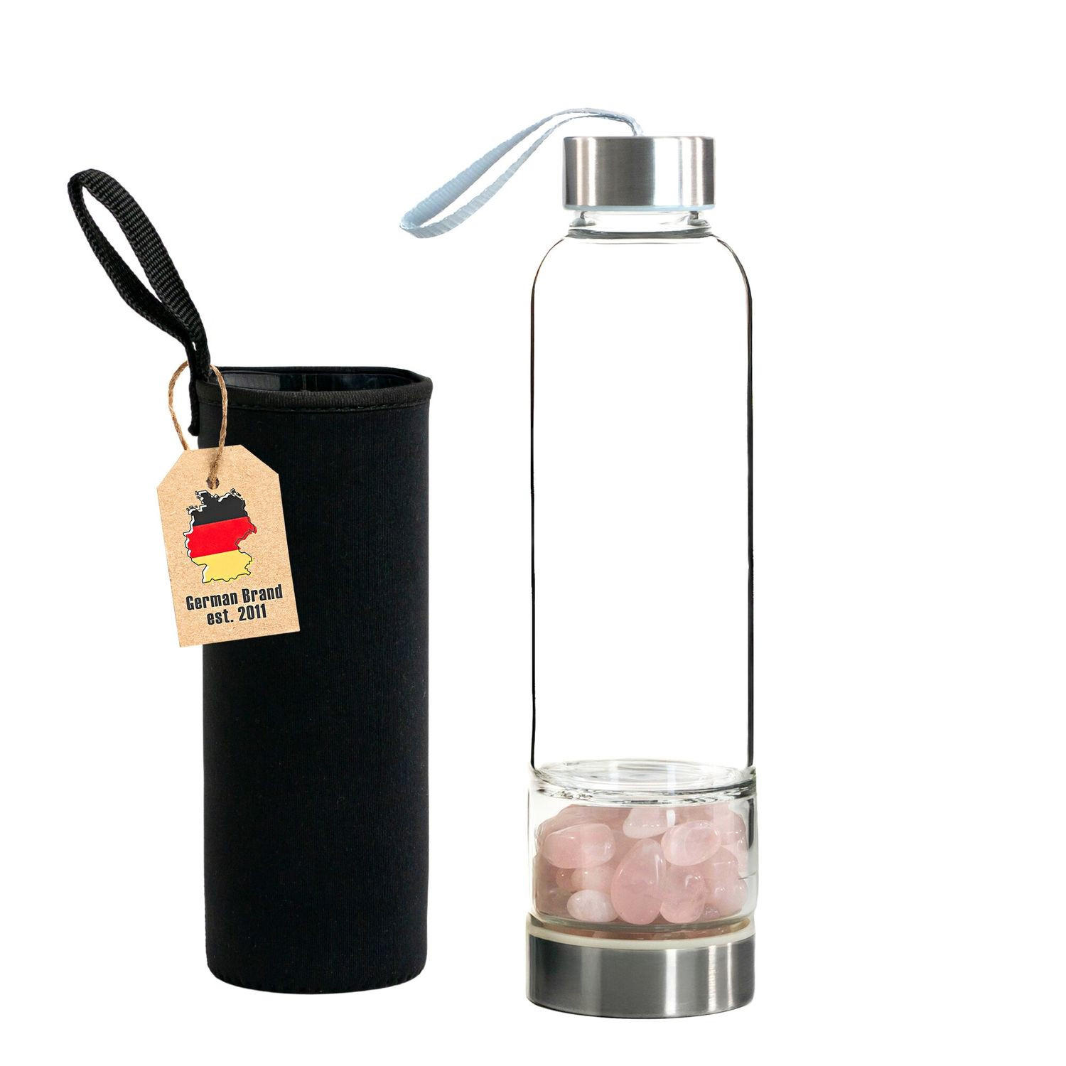 WASSERFLASCHE mit Heilsteinen und Tasche 400ml - Rosa, Glas (0.4L) - Intirilife