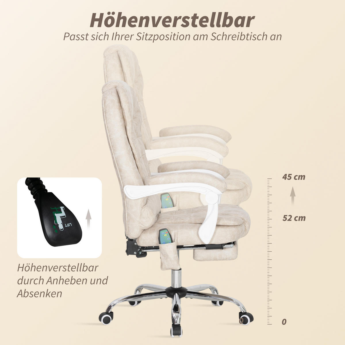 BÜROSTUHL mit Massagefunktion, Ergonomisch Schreibtischstuhl mit Liegefunktion - Silberfarben/Creme, Kunststoff/Textil (70/119/65cm) - Vinsetto