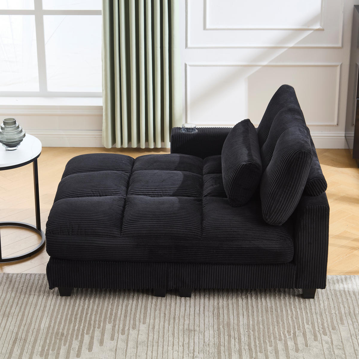 RÉCAMIERE Cord Schwarz mit Getränkehaltern, USB und Seitentasche - Schwarz, Holzwerkstoff/Kunststoff (140/81/121cm) - WISHDOR