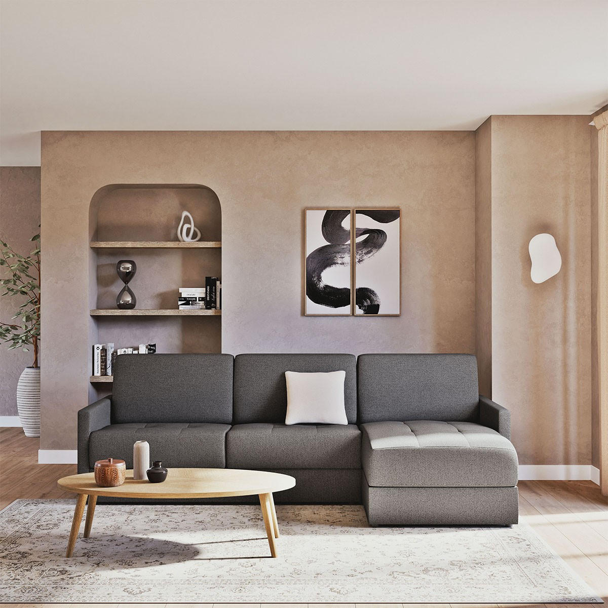 ECKSOFA mit schlaffunktion3-sitzer aus grauem stoff belluno 260/150/87 cm - Dunkelgrau, Textil (150/87/260cm) - Calicosy