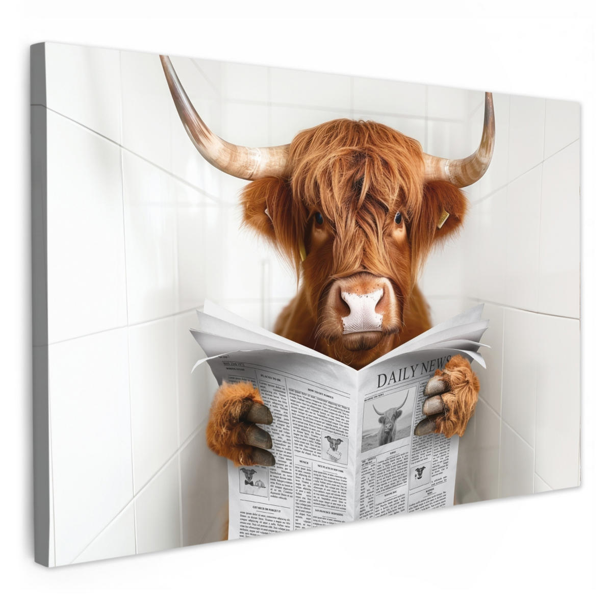 LEINWANDBILD Schottischer Highlander - Tier - Zeitung - Toilette Gemälde 60x40 cm - Kastanienfarben, Textil (60/40cm) - MuchoWow