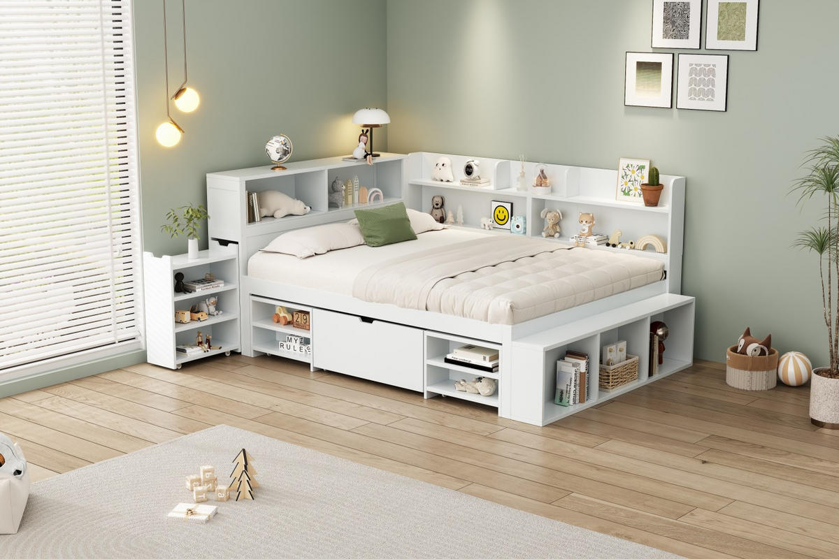 KINDERBETT 140/200 cm in Weiß mit Schublade, Regal und Stauraum - Weiß, Holz/Holzwerkstoff (140/200cm) - WISHDOR