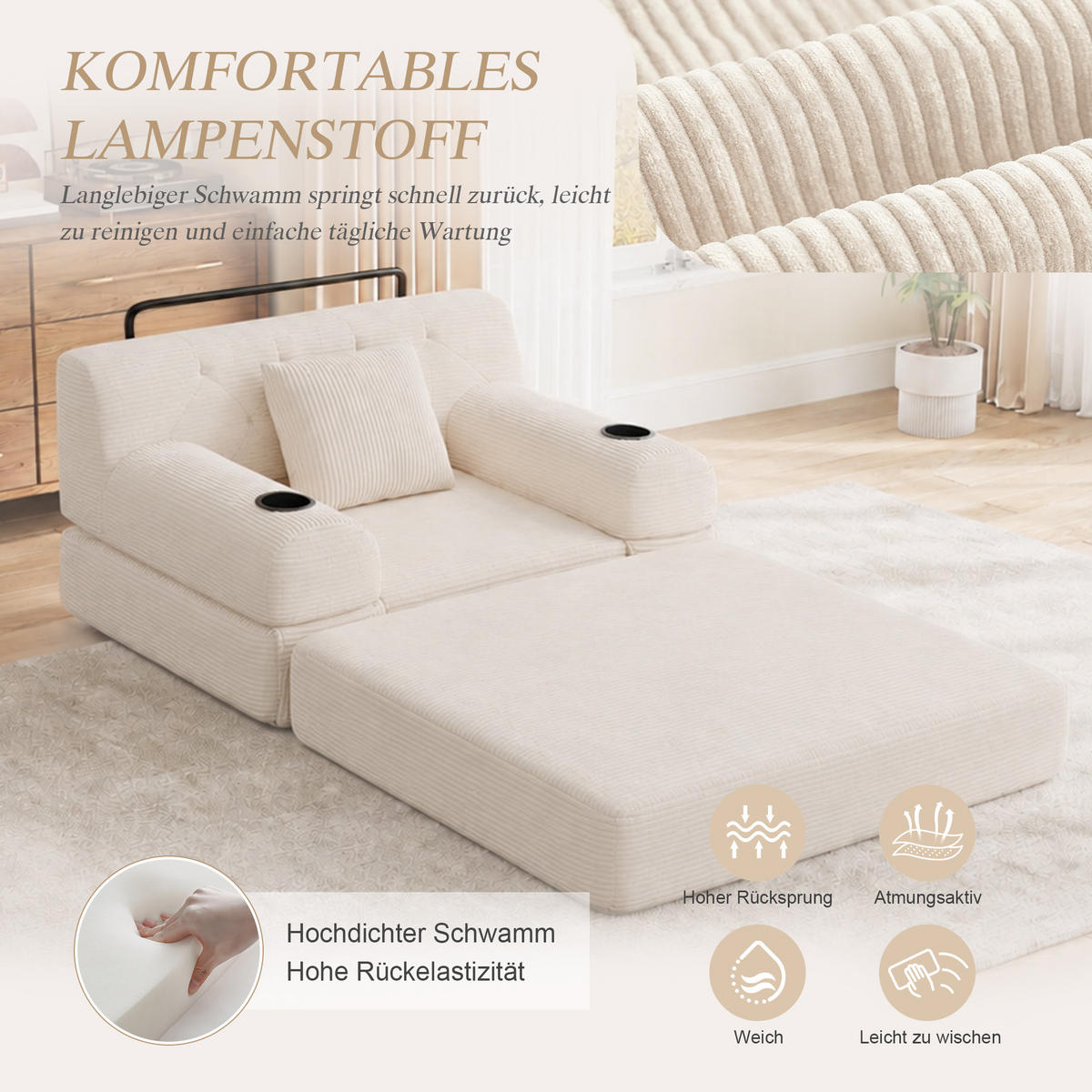 SCHLAFSESSEL Cord komprimiert, DE-42543, Beige - Beige, Metall (107/81/80cm) - ComfortXL
