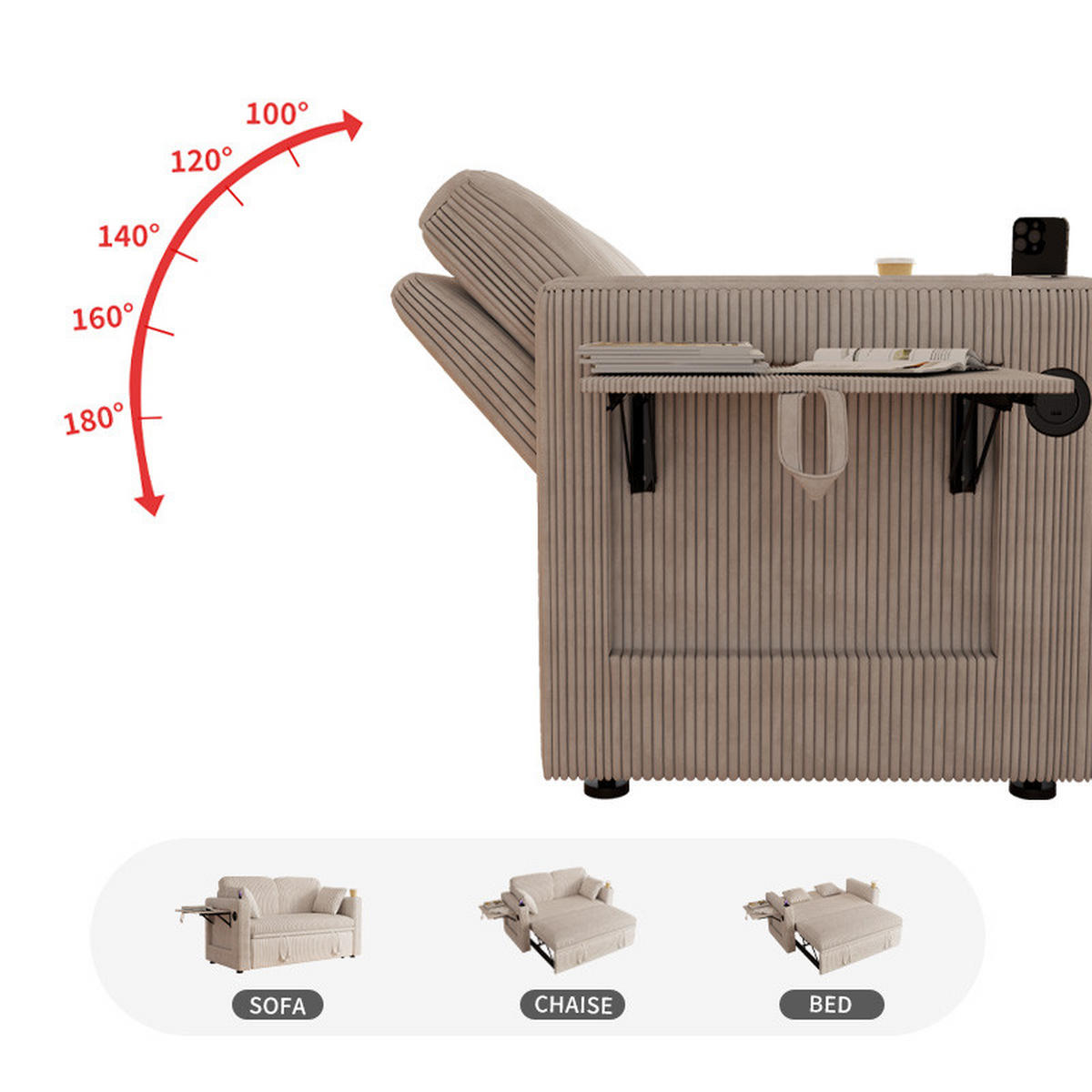 SCHLAFSOFA 145/72/85,5 cm Weiß Cordbezug mit Getränkehalter, kleinem Tisch und Aufbewahrungstasche - Weiß, Textil (72/85.5/145cm) - Oxeza