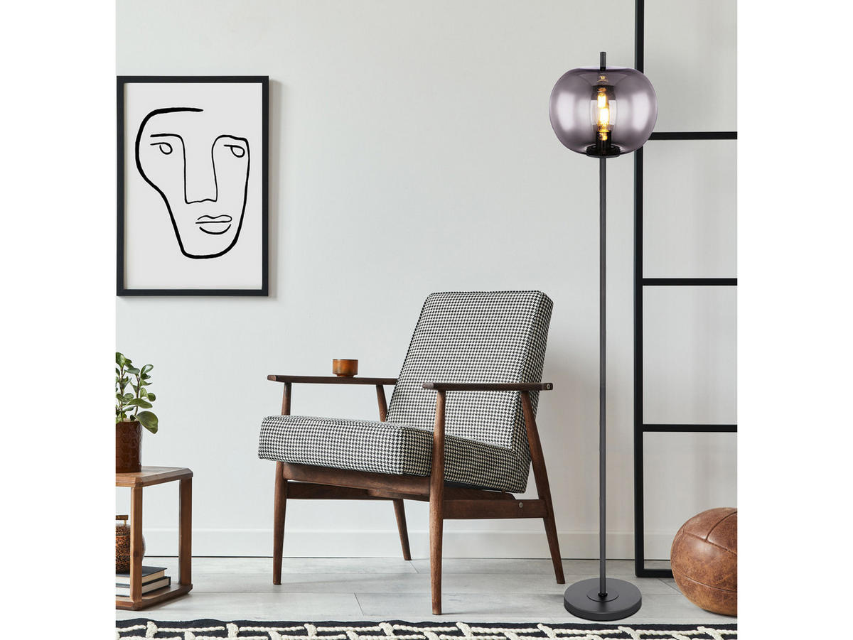 LED-STEHLAMPE Schwarz Höhe 160cm, Glaskugel Rauchglas - Schwarz, Glas/Metall (30/30/160cm) - meineWunschleuchte