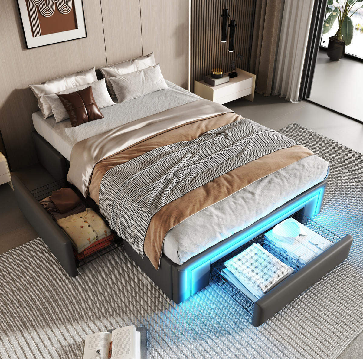 POLSTERBETT 90/200 cm ohne Kopfteil mit Schubladen, LED-Lichtleiste und Metallrahmen, Grau - Grau, Textil (90/200cm) - Redom