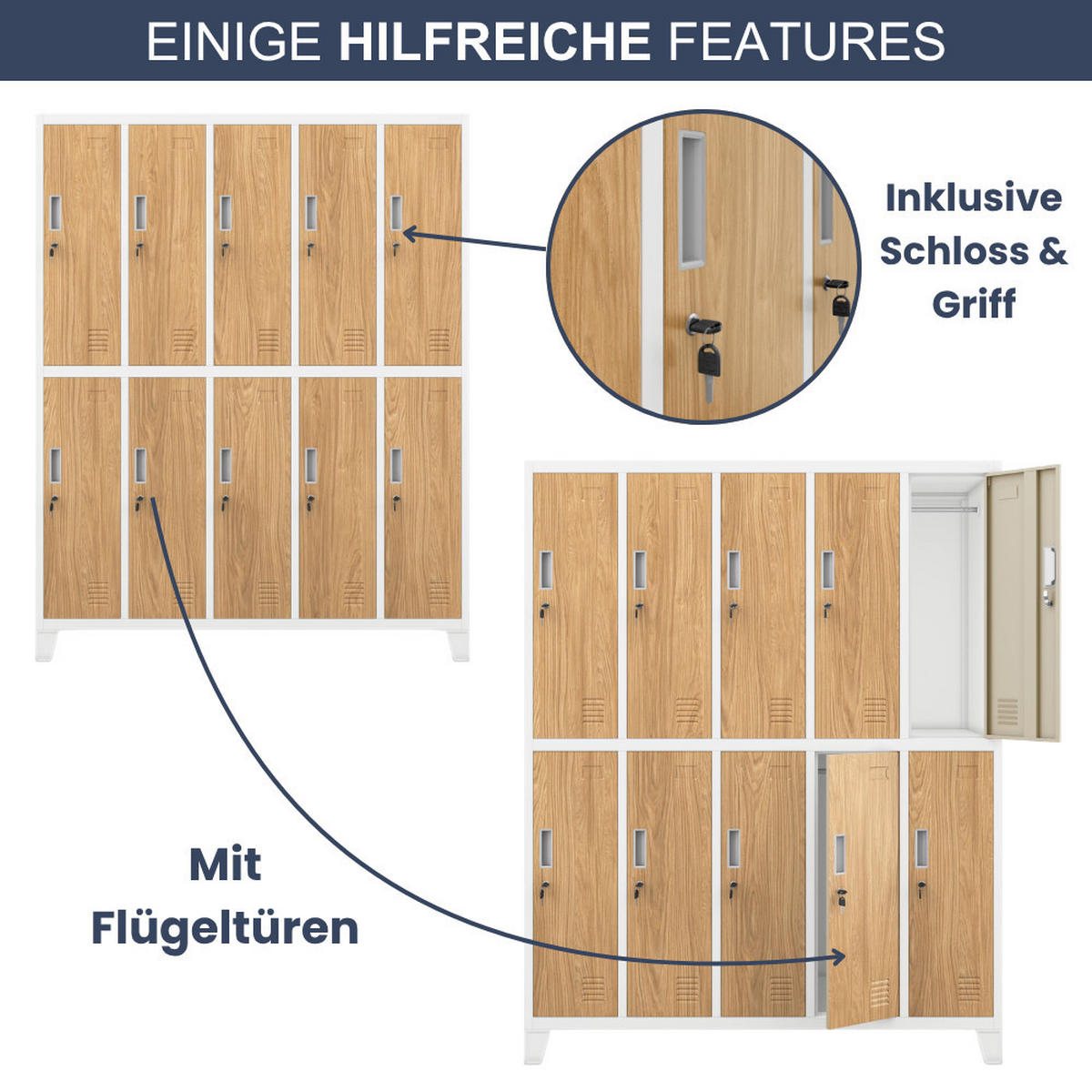 UMKLEIDESCHRANK Spind BERLIN 10 Abteile 172x136x45cm Weiß-Goldene Eiche - Weiß, Metall (136/172/45cm) - DELUKE