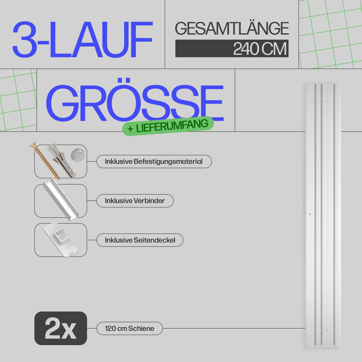 GARDINENSCHIENE - Komplettset inkl. Zubehör 240cm (2x120cm) 3-läufig - Weiß, Kunststoff (10/240cm) - Bestlivings