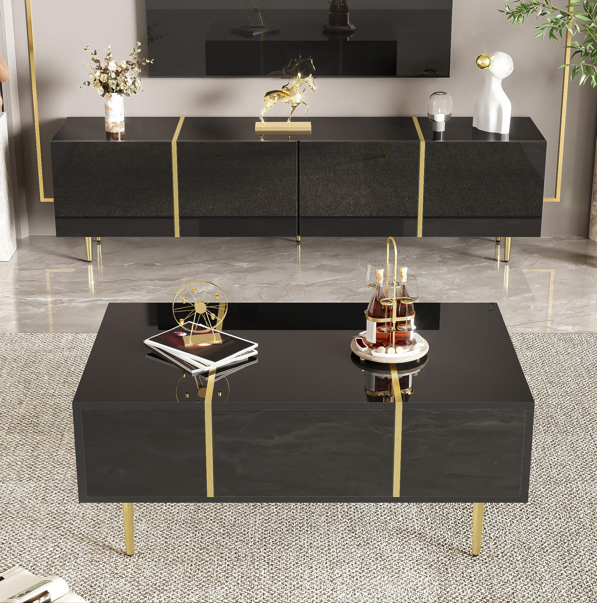 TV-SCHRANK-SET mit Couchtisch 170 cm/100 cm MDF Schwarz Hochglanz 2-tlg. - Schwarz, Holzwerkstoff (60/41.5/100cm) - Beauniv