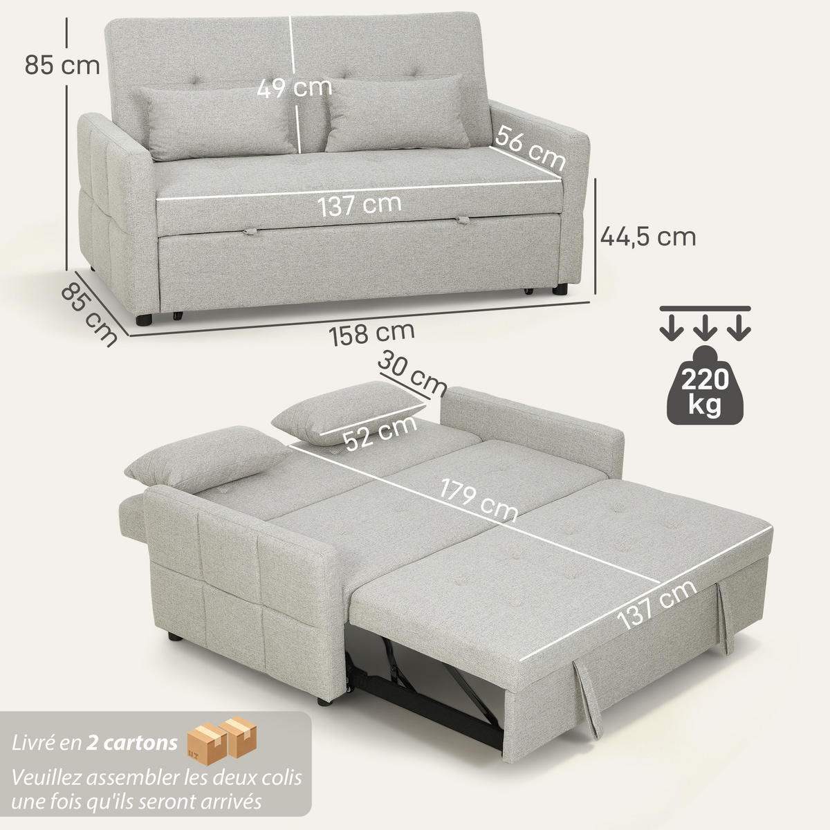 SCHLAFSOFA 2-Sitzer DE-14651 3-in-1 mit 3-fach verstellbarer Lehne Hellbraun - Braun, Textil (158/85/85cm) - ComfortXL