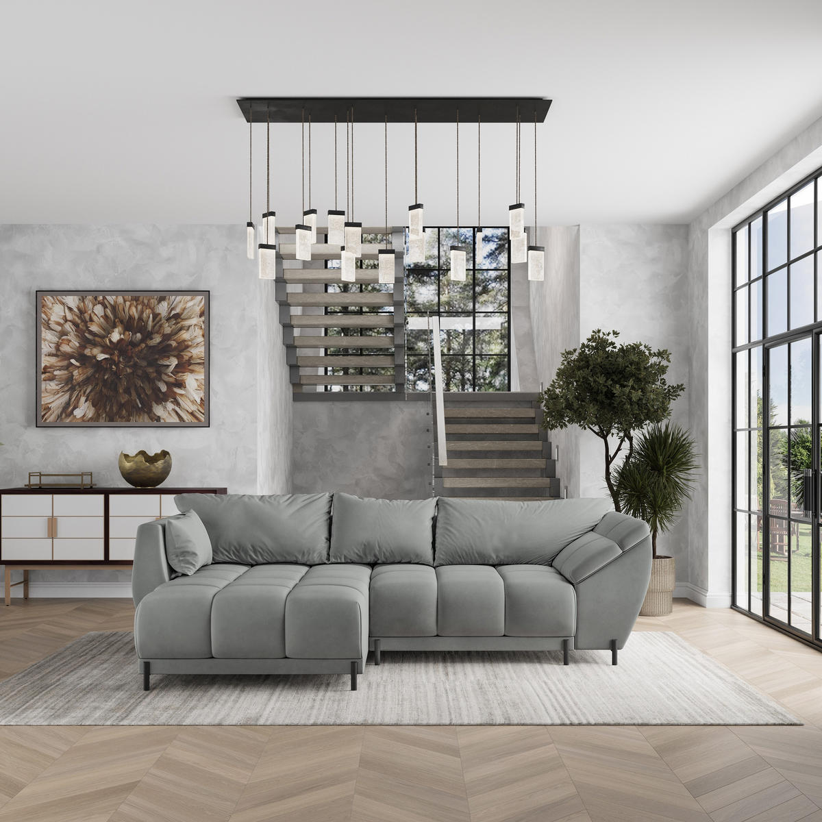 ECKSOFA VESTANO L-S Grau Velours-Stoff mit Schlaffunktion - Grau, Holz (287/182cm) - MASSENO