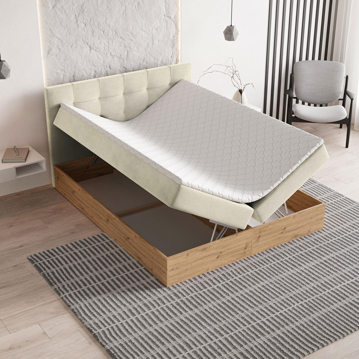 BOXBETT MOLVEN 180x200 cm mit Matratze und Topper - Creme - Creme, Holz (180/200cm) - MASSENO