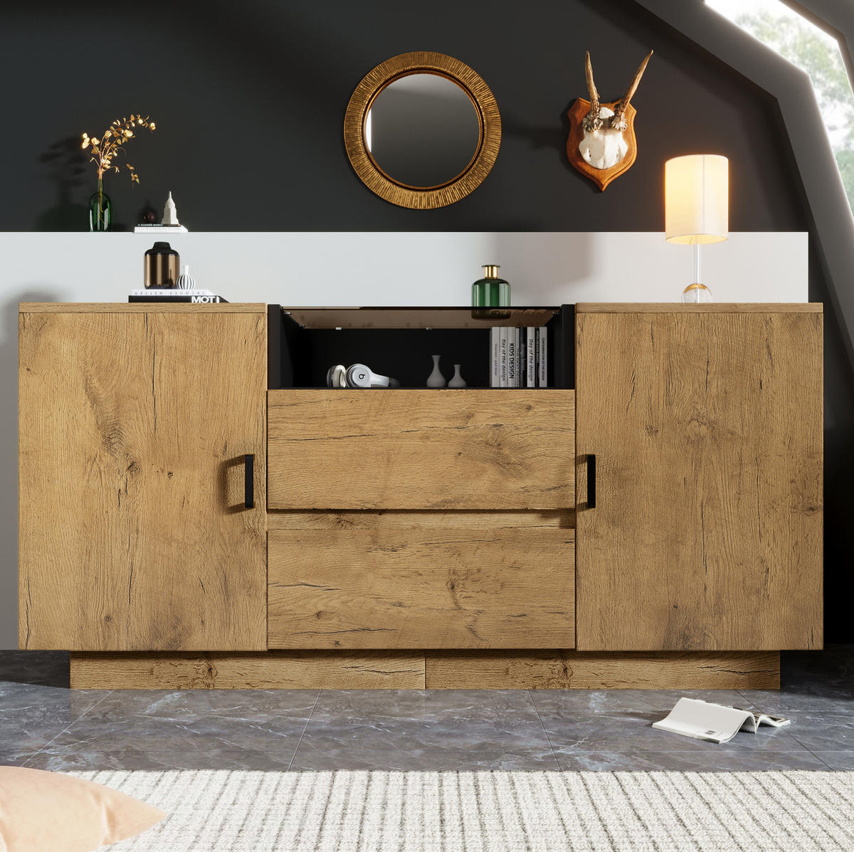 SIDEBOARD 140/70/40 cm Eiche aus Holz, Glas und Metall mit verstellbaren Einlegeböden - Eichefarben, Glas (40/70/140cm) - OKMYHOME