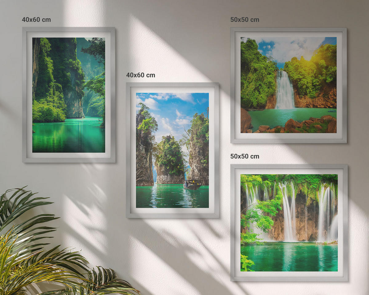 BILDER SET 4er Set - 50x50 cm & 40x60 cm Silberner Rahmen - Grüne Landschaften, Wasserfälle - Silberfarben, Kunststoff (50/50cm) - TULUP