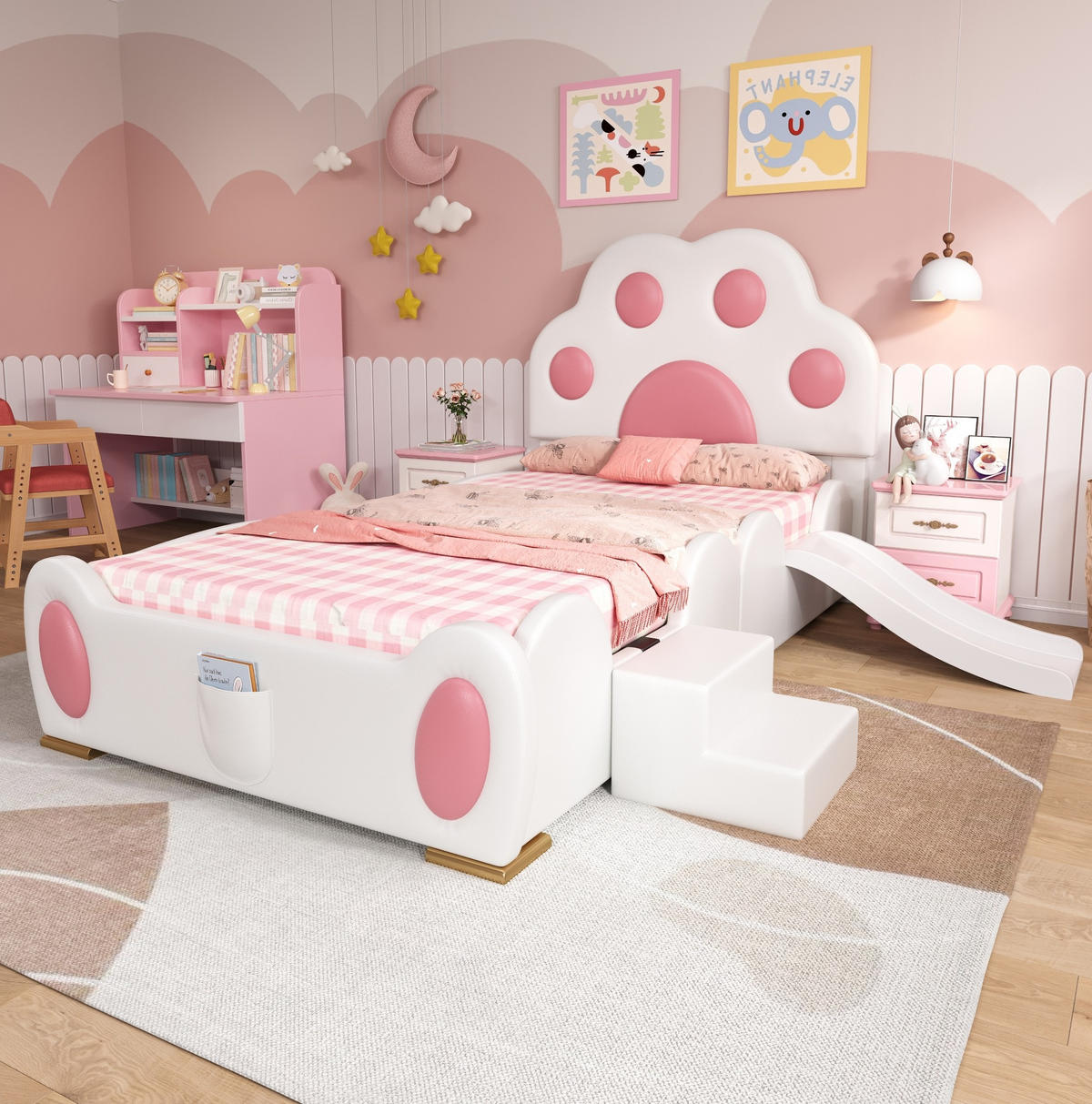 POLSTERBETT mit Rutsche und Leiter 90x200 cm PU Rosa/Weiß - Pink, Holzwerkstoff (90/200cm) - Beauniv