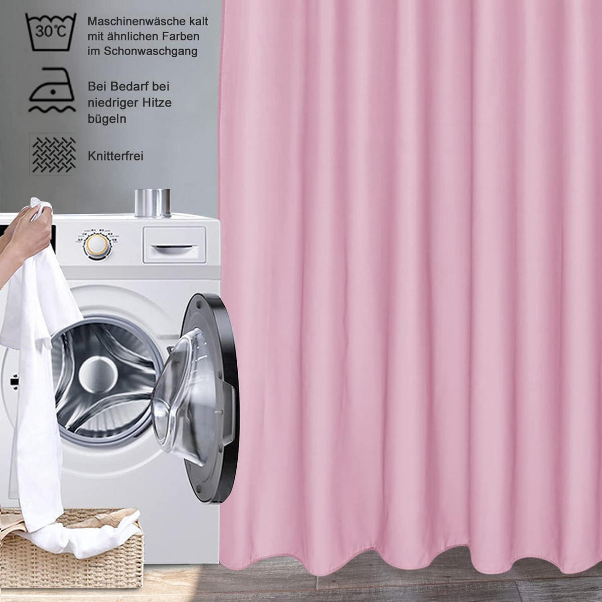 DUSCHVORHANG Rose 180 x 200 cm Wasserdicht Anti-Schimmel Waschbar inkl. 12 Ringen - Rosa, Textil (180/200cm)