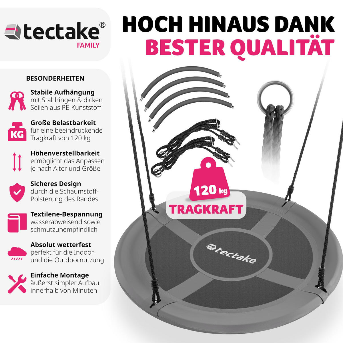NESTSCHAUKEL Swayer,Textilene-Bespannung,grau/schwarz - Schwarz/Grau, Kunststoff (100/100cm) - tectake