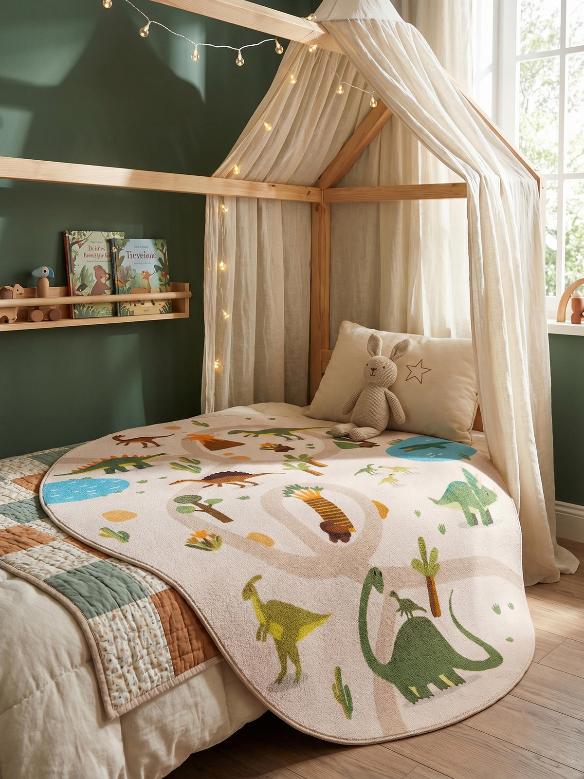 KINDERTEPPICH Kurzflor Dinosaurier-Landschaft Waschbar OEKO-TEX Spielteppich Jungen Mädchen Rund Beige 200x200 – TINO - Beige, Textil (200/200cm) - KADIMA DESIGN