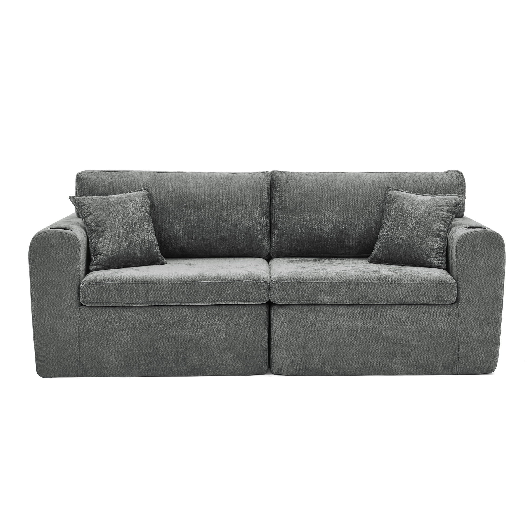 2-SITZER SOFA Chenille Gray mit USB-Ladefunktion, Magazintasche, Getränkehalter und Kissen - Grau, Textil (220/89/100cm) - WISHDOR