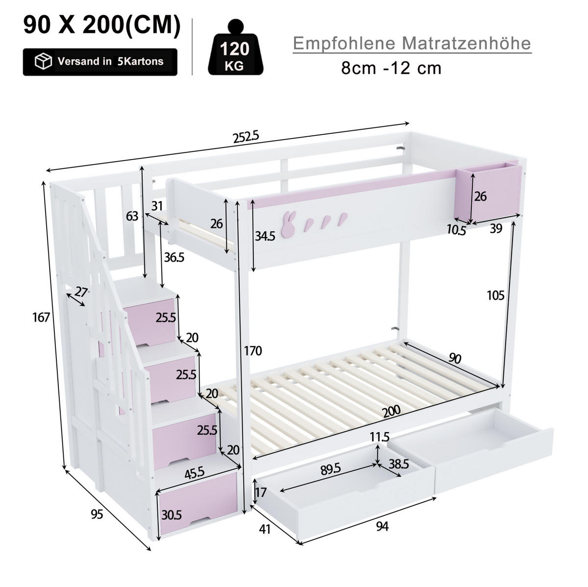 ETAGENBETT aus Massivholz 90x200 cm in Weiß mit Stauraum & Schubladen - Weiß, Holz (90/200cm) - Modfu