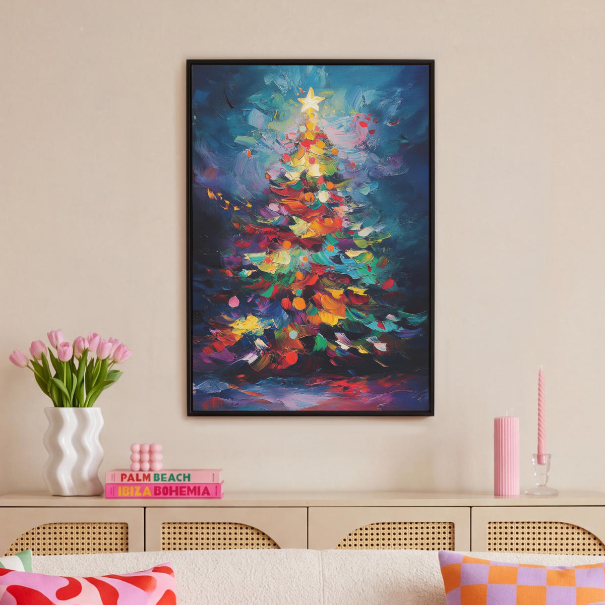 LEINWAND Bilder mit Rahmen - Weihnachtsbaum - Weihnachten - Abstrakt - Farbenfroh - 60x90 - Multicolor, Textil (60/90cm) - MuchoWow