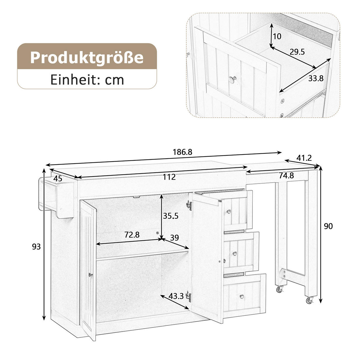 KÜCHENINSEL 112/45/93 cm weiß aus MDF mit ausziehbarer Arbeitsplatte - Weiß, Holzwerkstoff (130/93/45cm) - OKWISH