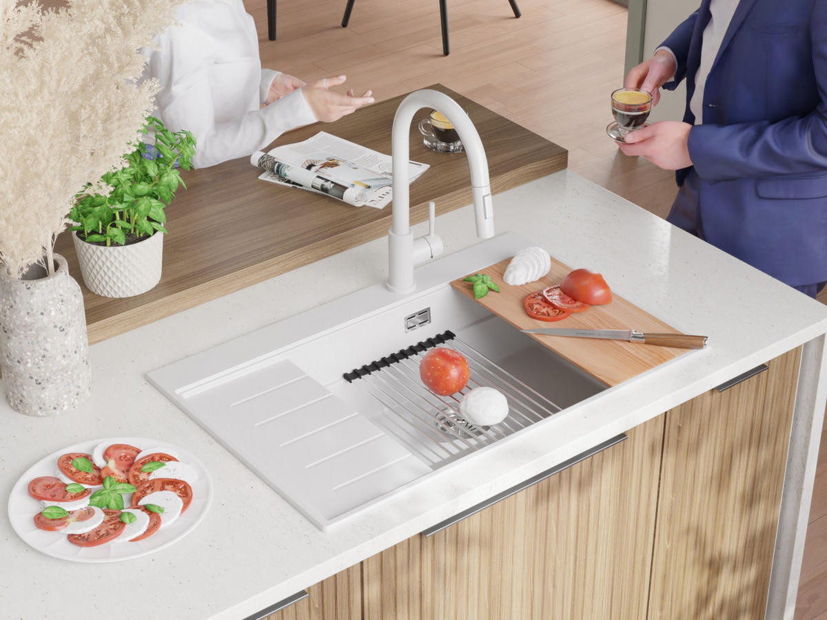GRANITSPÜLE Sydney, 2-er set Weiß 78/50 cm 1 Becken + Küchenarmatur 32/20 cm + Ablauf-Set + Küchenzubehörset ab 60er Unterschrank - Chromfarben/Beige, Kunststoff (78/20/50cm) - Primagran