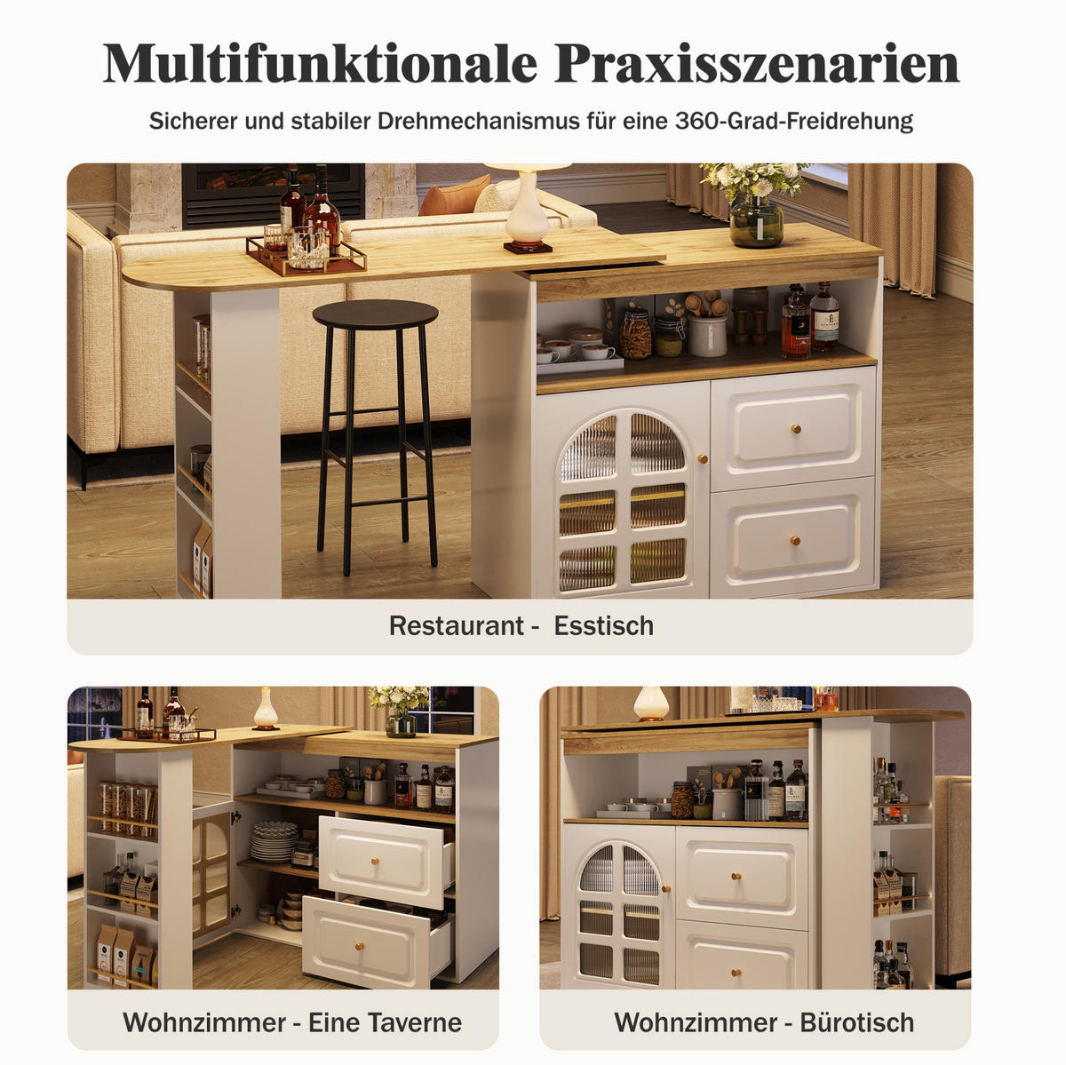 STEHTISCH 138-204x39x104cm Weiß mit Bogenglastür,Snackregal & Drehfunktion - Weiß, Holzwerkstoff (204/104/39cm) - Modfu