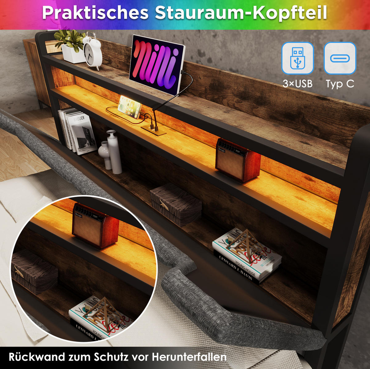 POLSTERBETT 140/200 cm aus Leinen mit LED, USB-C, Stauraum-Kopfteil, 2 Schubladen und Matratze, Grau - Grau, Textil (140/200cm) - Redom