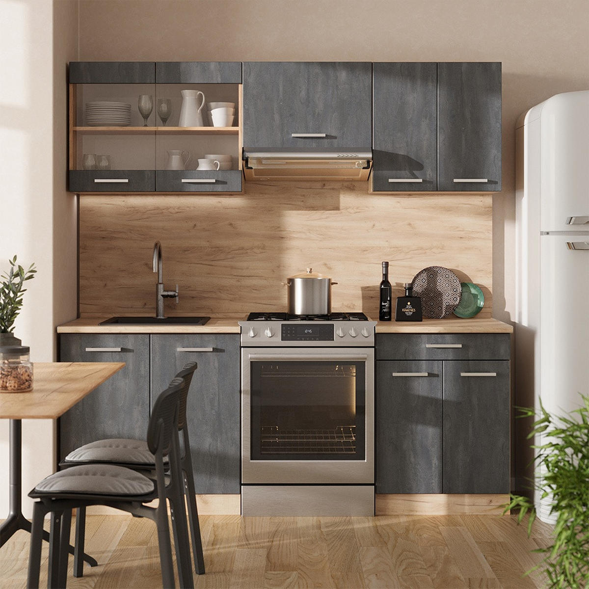 KUCHYNSKÁ LINKA R-Line Čierny betón/dub Goldkraft 200 cm AP mramor - čierna/dub medový, kompozitné drevo (200/81.6/60cm) - Vicco