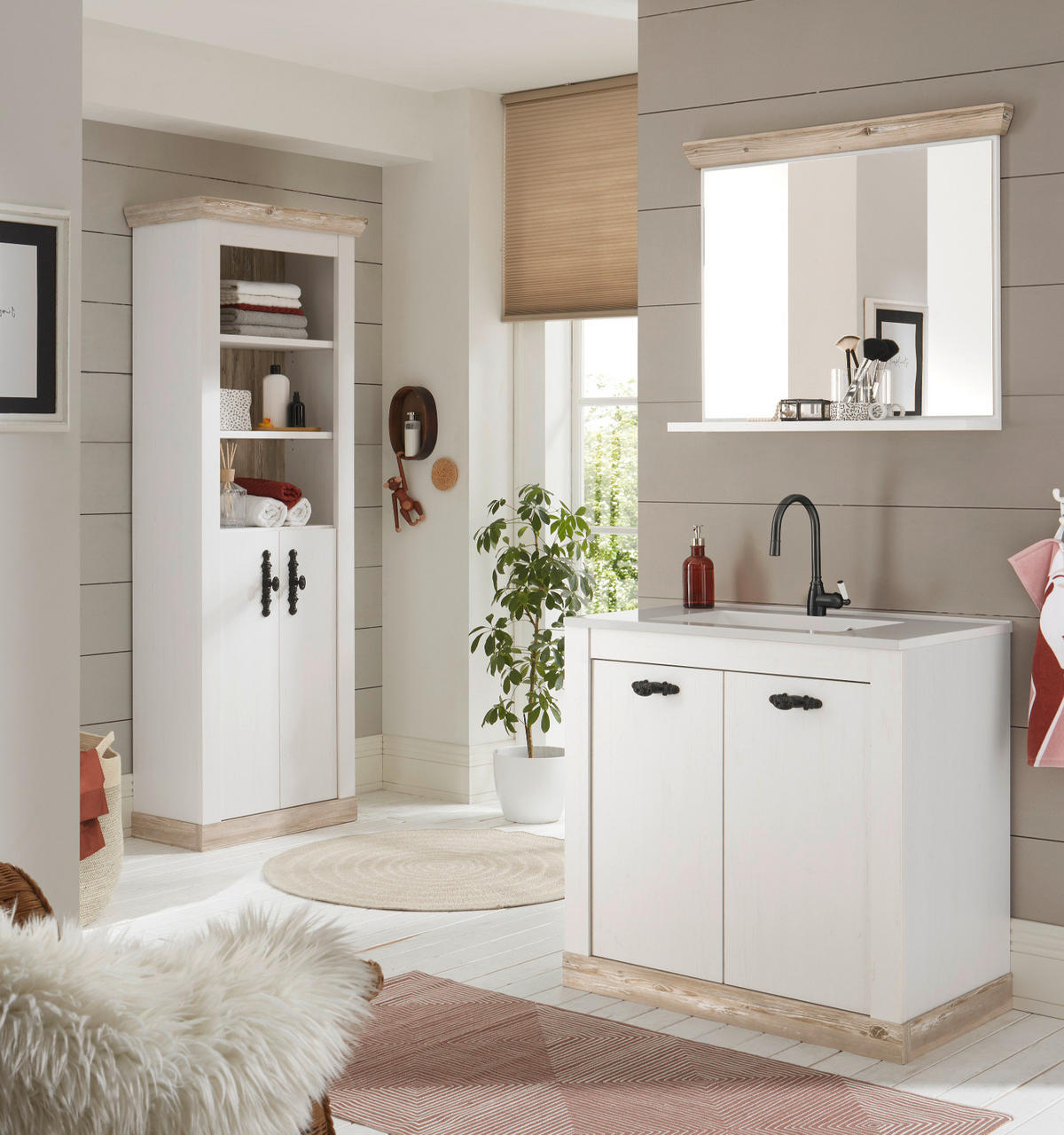 BADKOMBINATION Pinie weiß, Oslo Pinie, Landhaus Badmöbel Set 4-tlg. MIT Waschbecken 166 x 200 cm - Anthrazit/Weiß, Holzwerkstoff/Metall (166/200/46cm) - Furn.Design