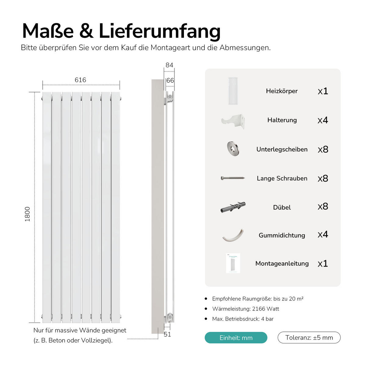 HEIZKÖRPER Vertikal Warmwasser Zweilagig Weiß 180/61,6/6,6 cm - Weiß, Metall (62/180/6.6cm) - EMKE