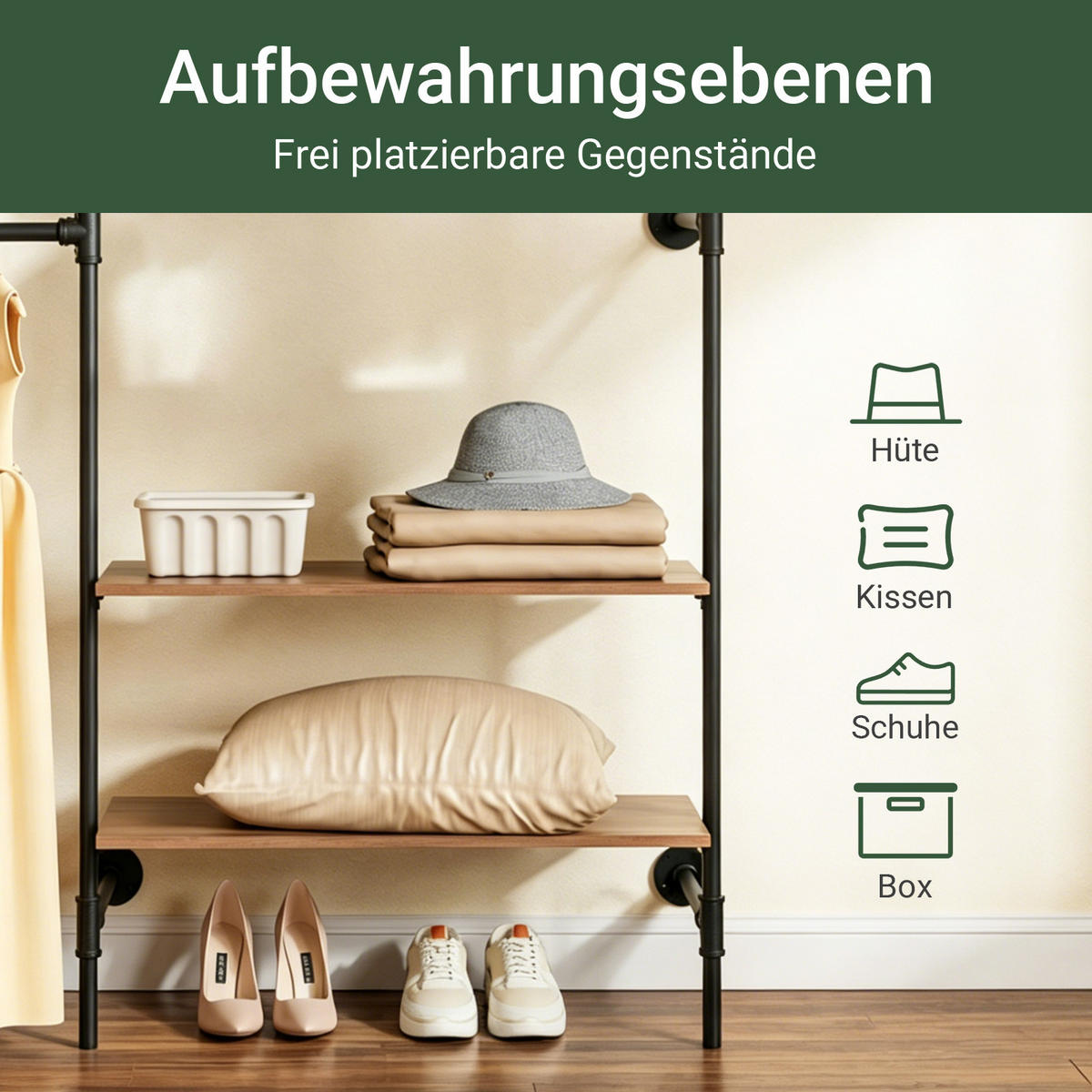 KLEIDERSTANGE mit 4 Regalböden, 120kg Tragkraft, 265x48x220cm - Schwarz, Metall (265/220/48cm) - SoBuy