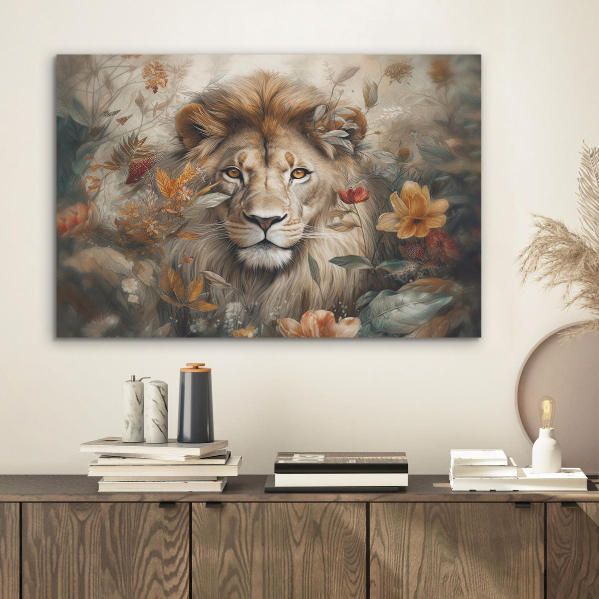 AKUSTIKBILD Löwe - Wildtiere - Pflanzen - Natur - Blumen Wanddeko 70x50 cm - Beige, Kunststoff (70/50/0.9cm) - MuchoWow