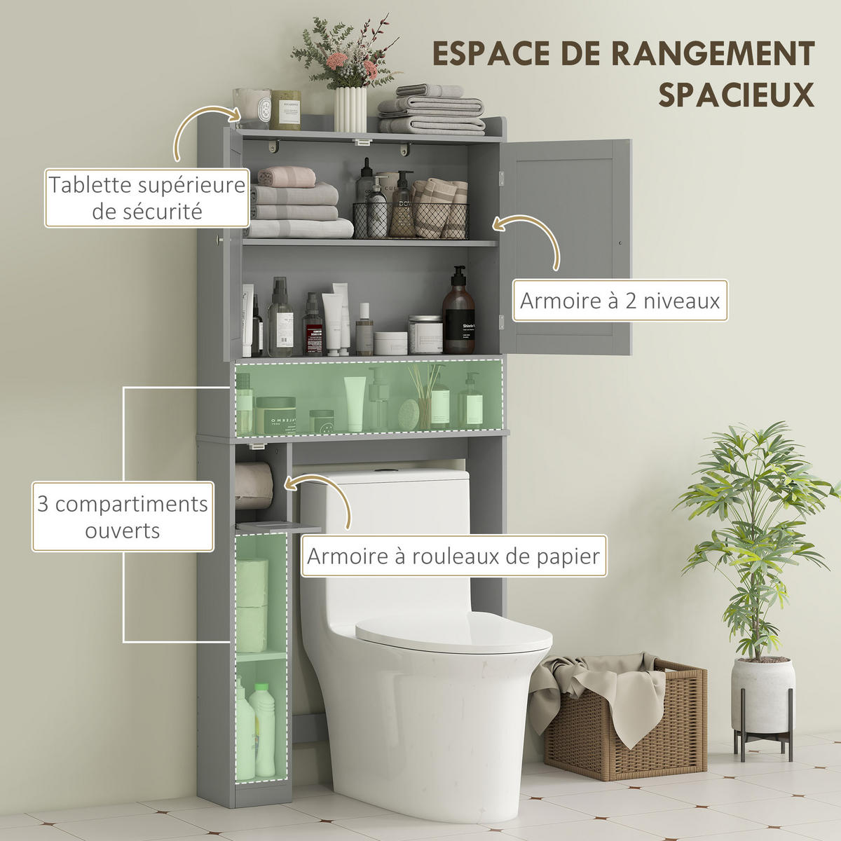 BADEZIMMERREGAL DE-15933 mit Toilettenpapierhalter Grau - Grau, Holzwerkstoff (19.5/170/80cm) - ComfortXL